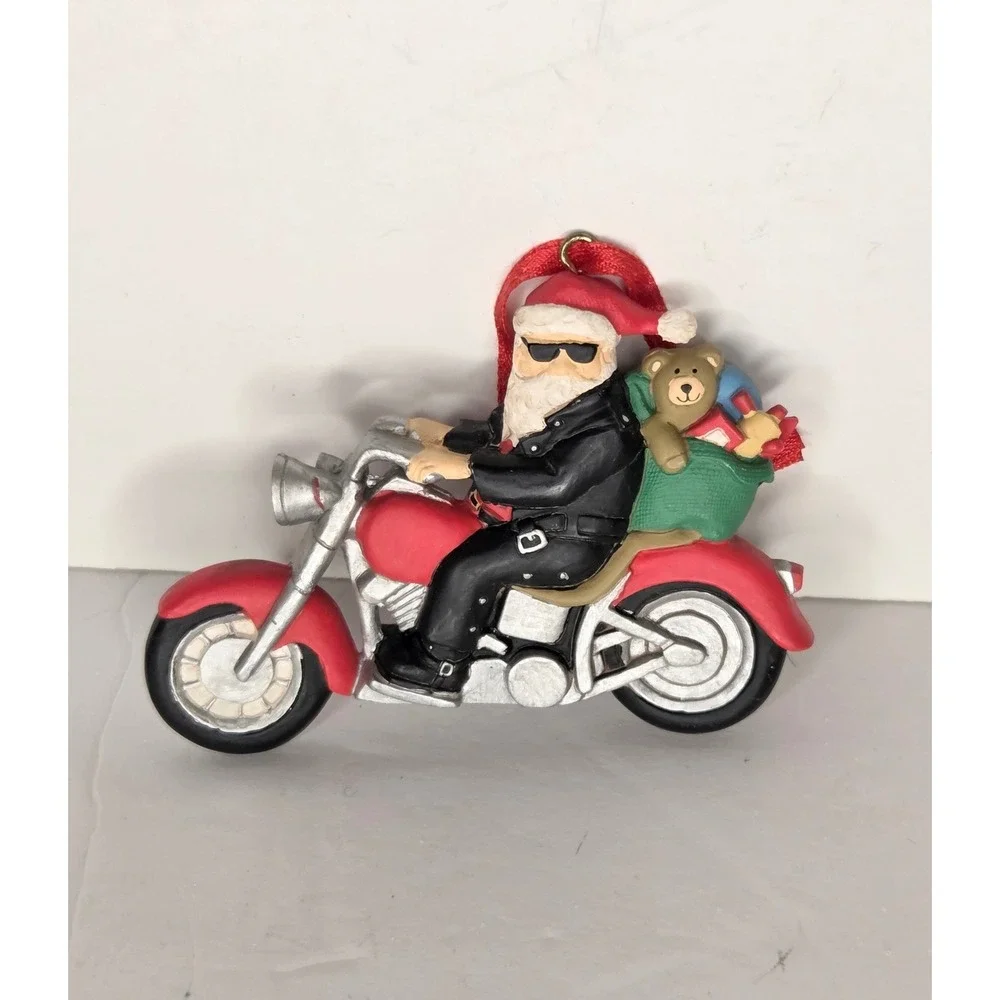 Midwest of Cannon Falls Santa on Motorcycle Resin Christmas Ornament Red Bike